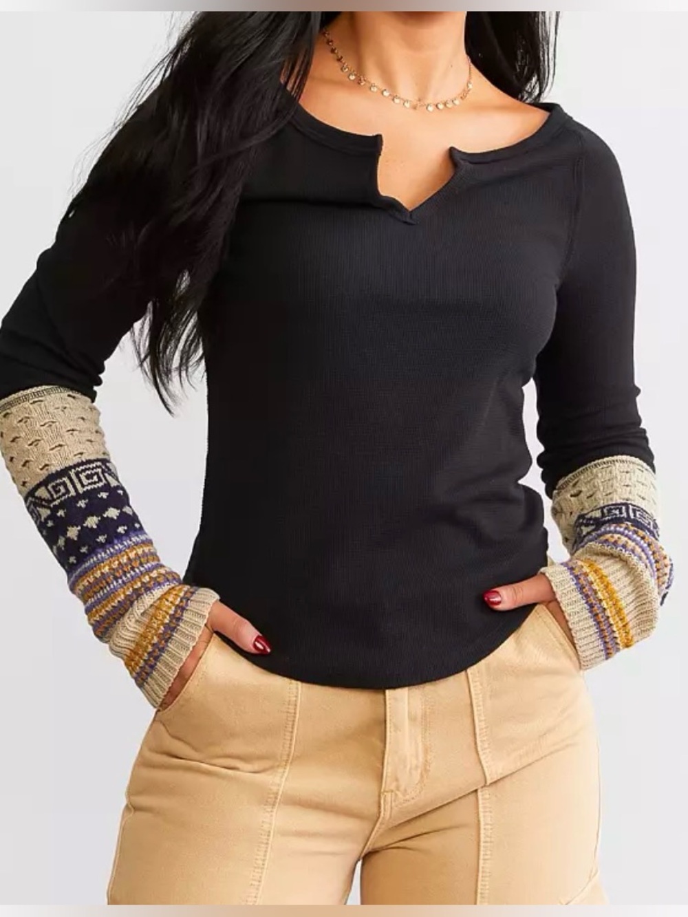 Free People Cozy Craft Cuff Thermal Top SizeXS Black Boatneck Waffle Knit Grunge